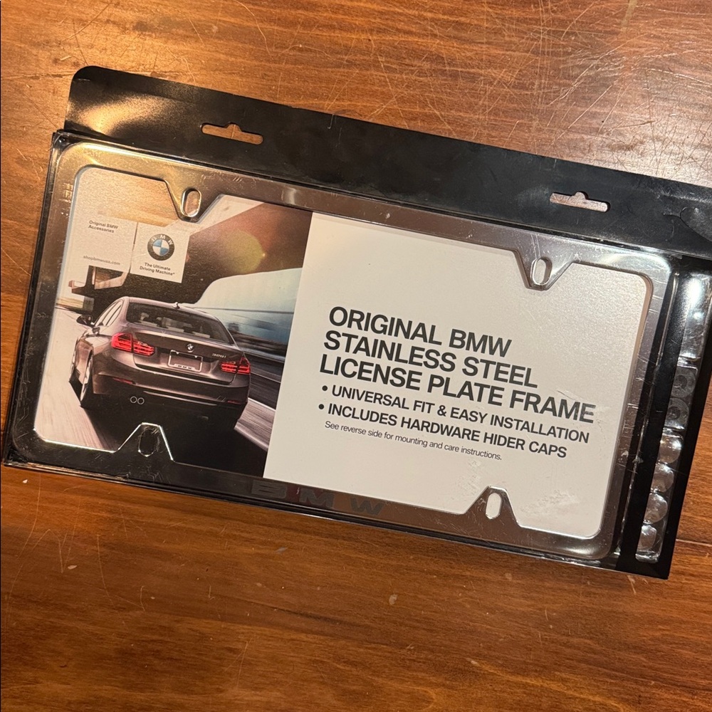 NIP BMW Stainless License Plate Frame Car Universal Fit Easy Install Hider Caps